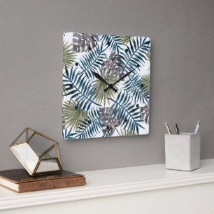 Tropische Mauve Green Palm laat Waterverf kunst Vierkante Klok