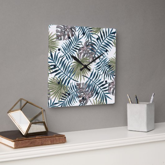Tropische Mauve Green Palm laat Waterverf kunst Vierkante Klok (Kantoor)