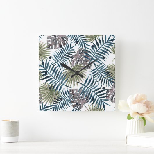 Tropische Mauve Green Palm laat Waterverf kunst Vierkante Klok (Huis)