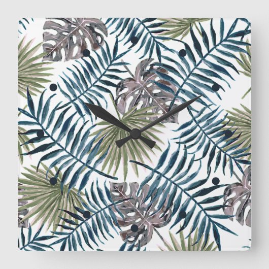 Tropische Mauve Green Palm laat Waterverf kunst Vierkante Klok (Voorkant)