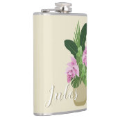 Tropische Medinilla Roze Bloem Geel Vaas Naam Heupfles (Rechts)