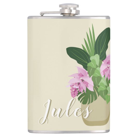 Tropische Medinilla Roze Bloem Geel Vaas Naam Heupfles (Voorkant)