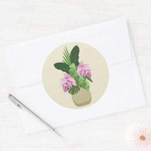 Tropische Medinilla Roze Bloem Gele Vaas Ronde Sticker