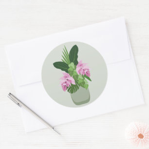 Tropische Medinilla Roze Bloem Groene Vaas Ronde Sticker