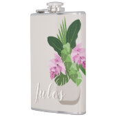 Tropische Medinilla Roze Bloem in Beige Vaas Naam Heupfles (Links)