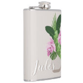 Tropische Medinilla Roze Bloem in Beige Vaas Naam Heupfles (Rechts)