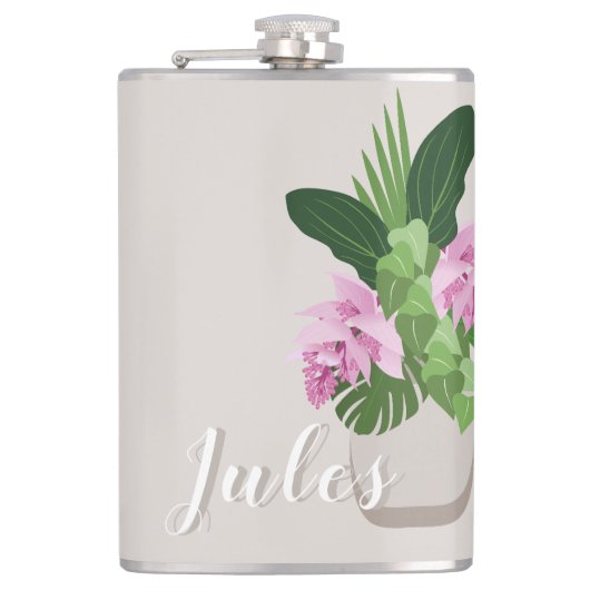 Tropische Medinilla Roze Bloem in Beige Vaas Naam Heupfles (Voorkant)