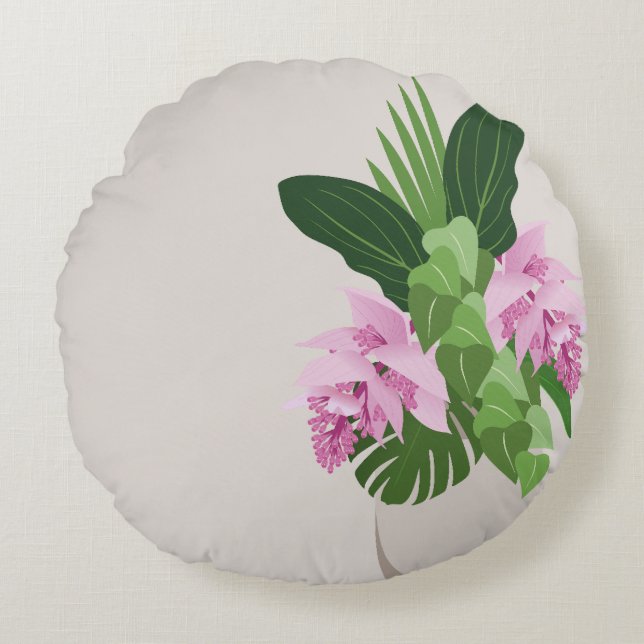 Tropische Medinilla Roze Bloem in Beige Vaas Rond Kussen (Voorkant)