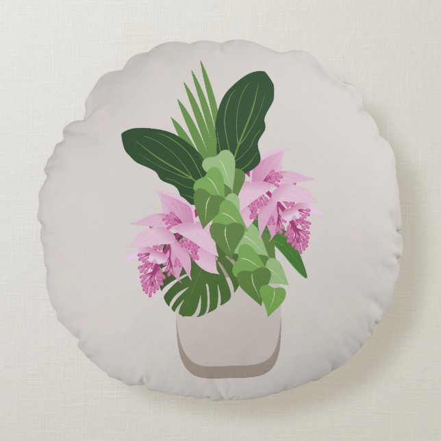 Tropische Medinilla Roze Bloem in Beige Vaas Rond Kussen (Voorkant)