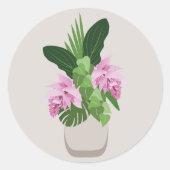 Tropische Medinilla Roze Bloem in Beige Vaas Ronde Sticker (Voorkant)