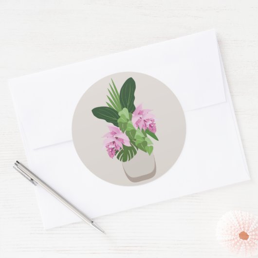 Tropische Medinilla Roze Bloem in Beige Vaas Ronde Sticker (Envelop)