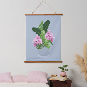 Tropische Medinilla Roze Bloem in Blauwe Vaas Hangend Wandkleed