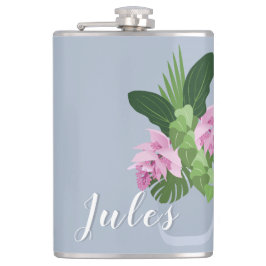 Tropische Medinilla Roze Bloem in Blauwe Vaas Naam Heupfles