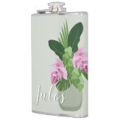 Tropische Medinilla Roze Bloem in Groene Vaas Naam Heupfles (Links)