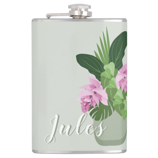 Tropische Medinilla Roze Bloem in Groene Vaas Naam Heupfles (Voorkant)