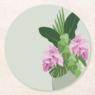 Tropische Medinilla Roze Bloem in Groene Vaas Ronde Kartonnen Onderzetter