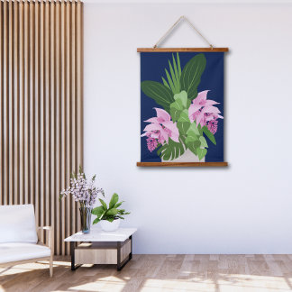 Tropische Medinilla Roze Bloem op Donkerblauw Hangend Wandkleed