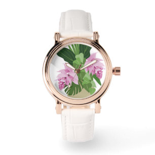 Tropische Medinilla Roze Bloem op Wit Horloge
