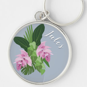 Tropische Medinilla Roze Bloem Vaas op Blauwe Naam Sleutelhanger