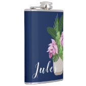 Tropische Medinilla Roze Bloem Vaas op Donkerblauw Heupfles (Rechts)