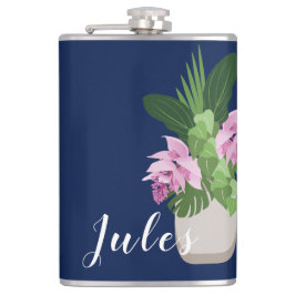 Tropische Medinilla Roze Bloem Vaas op Donkerblauw Heupfles