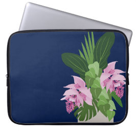 Tropische Medinilla Roze Bloem Vaas op Donkerblauw Laptop Sleeve