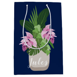 Tropische Medinilla Roze Bloem Vaas op Donkerblauw Medium Cadeauzakje