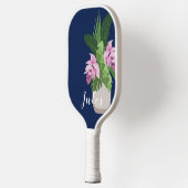 Tropische Medinilla Roze Bloem Vaas op Donkerblauw Pickleball Paddle (Links)