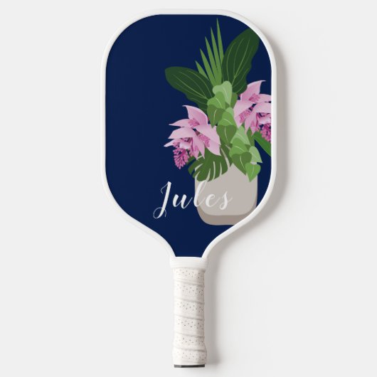 Tropische Medinilla Roze Bloem Vaas op Donkerblauw Pickleball Paddle (Voorkant)