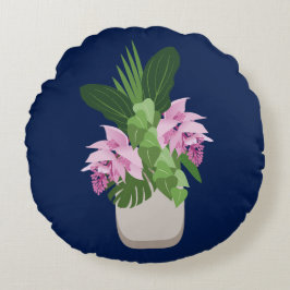 Tropische Medinilla Roze Bloem Vaas op Donkerblauw Rond Kussen