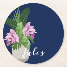 Tropische Medinilla Roze Bloem Vaas op Donkerblauw Ronde Kartonnen Onderzetter
