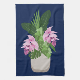 Tropische Medinilla Roze Bloem Vaas op Donkerblauw Theedoek