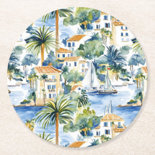 Tropische mediterrane bruiloft ronde kartonnen onderzetter