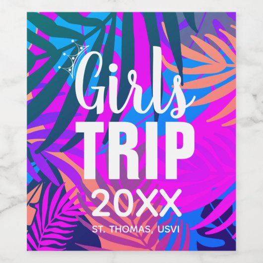 Tropische meisjes die met Kroon, Jaar, & Naam reiz Wijn Etiket (Enkel label)