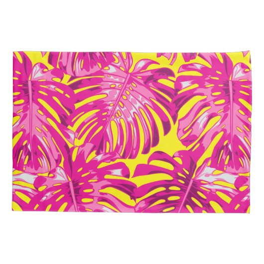 Tropische meisjesroze gele palmbladeren kussensloop (Achterkant-Links)