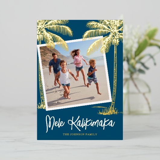 Tropische Mele Kalikimaka Foto Folie Kerstkaart Folie Feestdagenkaart (Staand Voorkant)