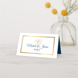 Tropische Metallic Gouden Palmboom Strand Bruiloft Plaatskaartje