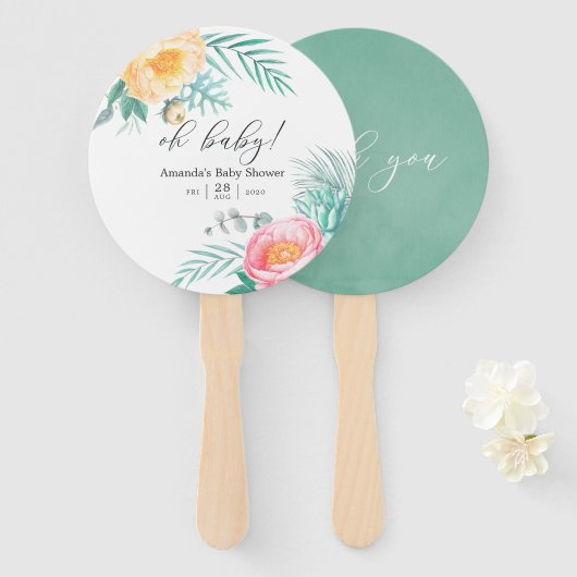 Tropische Mint Bloemige Baby Shower Handwaaier (Voorkant en achterkant)