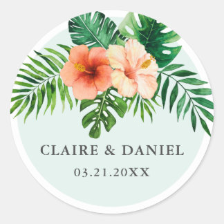 Tropische Mint Groene Bloemen Bruiloft Envelop Afd Ronde Sticker