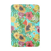 Tropische mix-fruit, bloemen en bladeren op blauw badmat (Voorkant Verticaal)