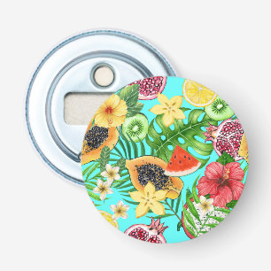 Tropische mix-fruit, bloemen en bladeren op blauw button flesopener