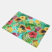 Tropische mix-fruit, bloemen en bladeren op blauw deurmat (Schuin)