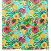 Tropische mix-fruit, bloemen en bladeren op blauw douchegordijn (Voorkant)