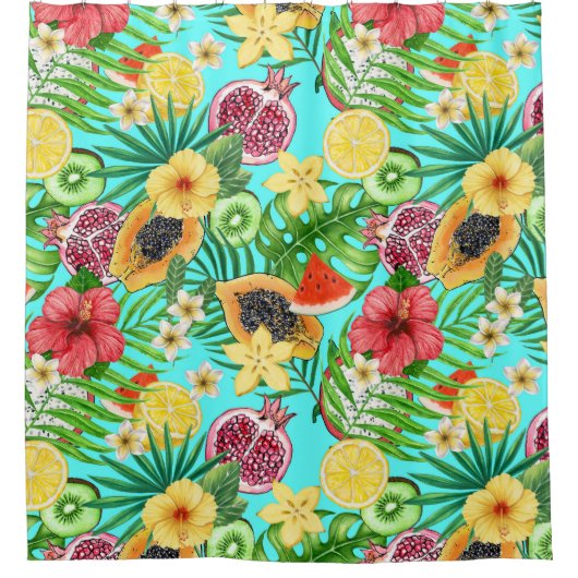 Tropische mix-fruit, bloemen en bladeren op blauw douchegordijn (Voorkant)