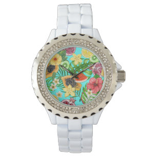Tropische mix-fruit, bloemen en bladeren op blauw horloge
