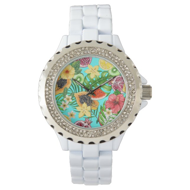 Tropische mix-fruit, bloemen en bladeren op blauw horloge (Voorkant)