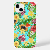 Tropische mix-fruit, bloemen en bladeren op blauw iPhone hoesje (Achterkant)