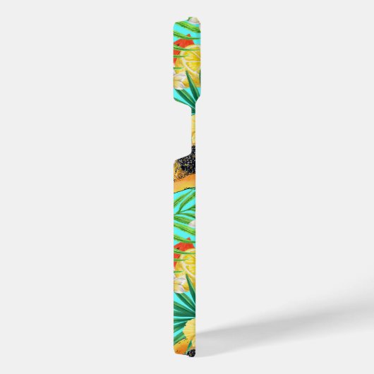 Tropische mix-fruit, bloemen en bladeren op blauw iPhone hoesje (Rechterkant)