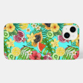 Tropische mix-fruit, bloemen en bladeren op blauw iPhone hoesje (Achterkant horizontaal)