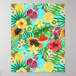Tropische mix-fruit, bloemen en bladeren op blauw poster